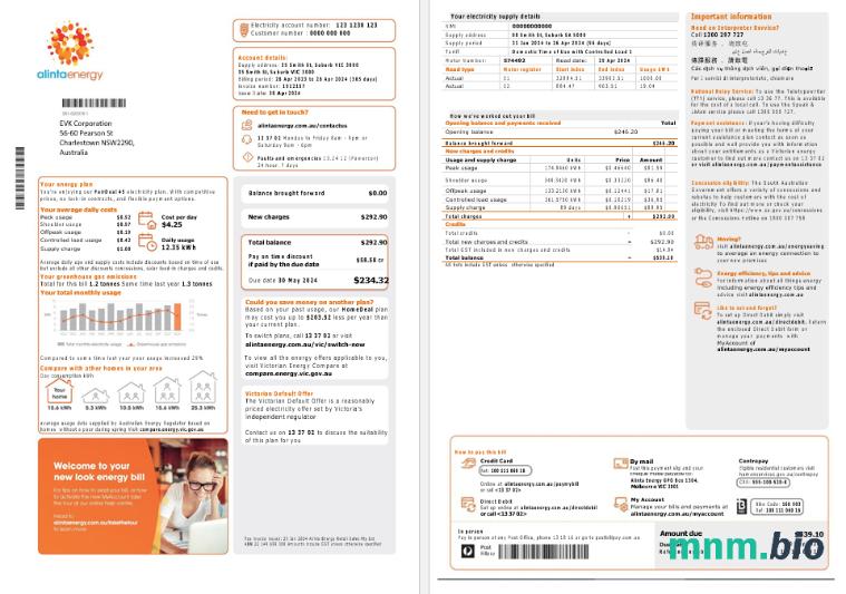 Australia Alinta Energy electricity rachunek za usługi komunalne szablon w formacie Word i PDF, 2 strony